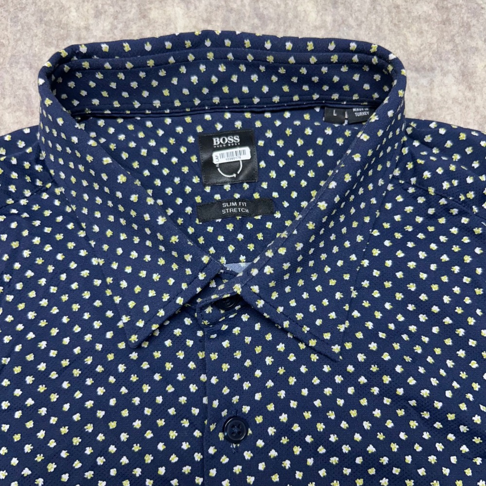 Hugo Boss Slim‎ Fit Stretch Tiny Floral Dress Shirt Men Size L Navy Blue Ronni